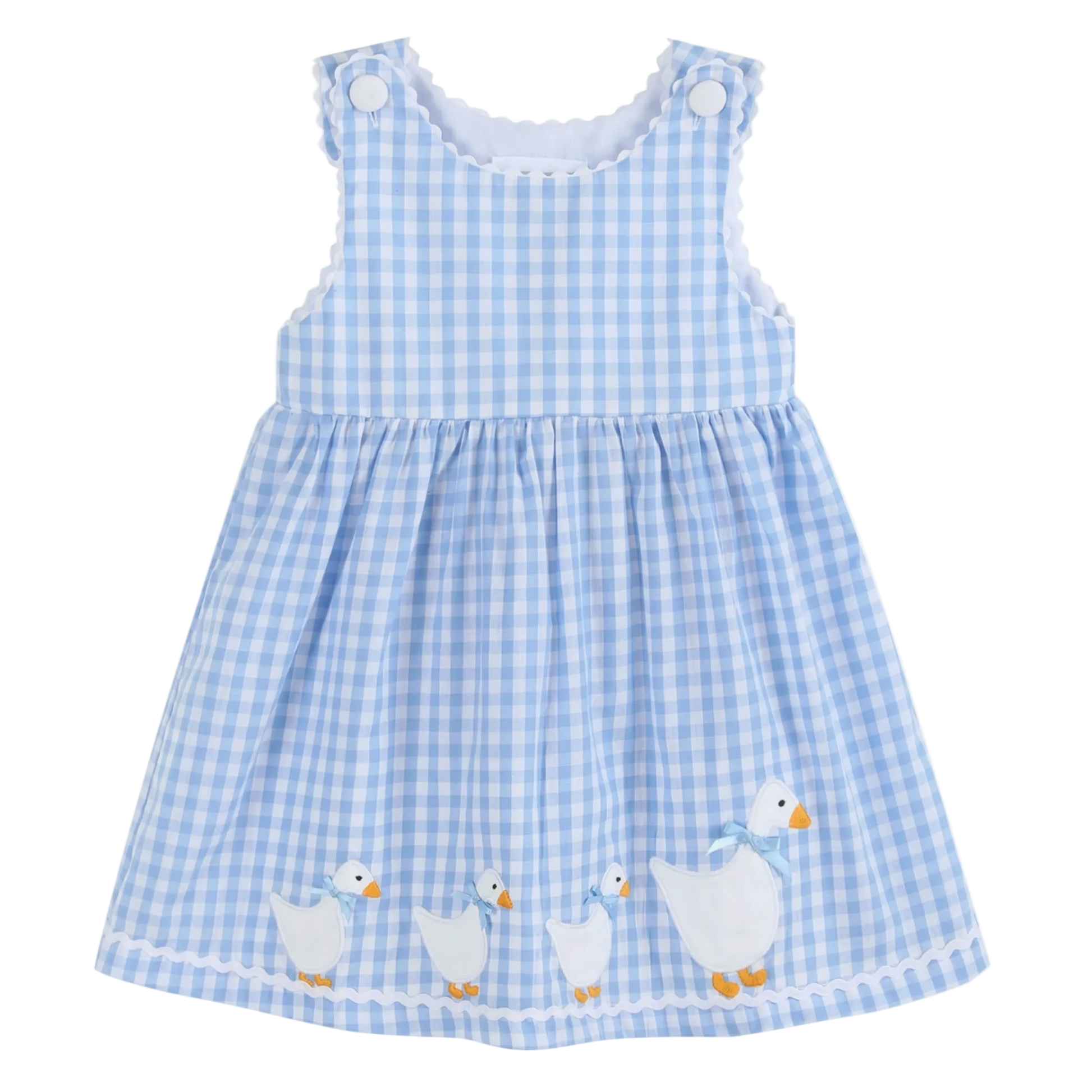 Blue gingham dress with duck appliqués on a white background