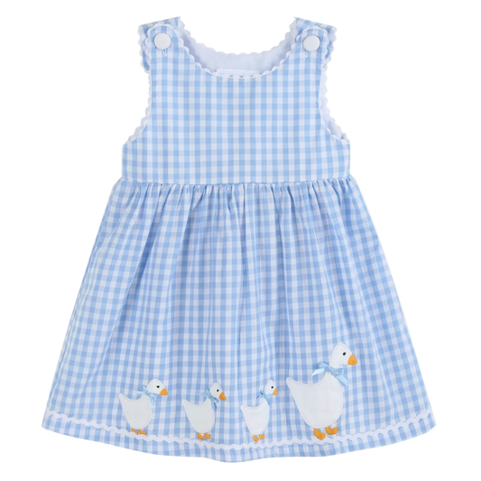 Blue gingham dress with duck appliqués on a white background