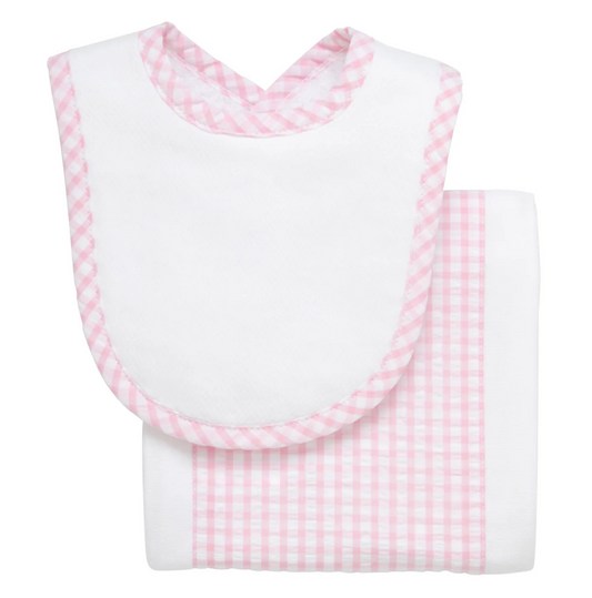 Pink Big Check Drooler Bib & Burp Set