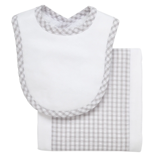 Grey Big Check Drooler Bib & Burp Set