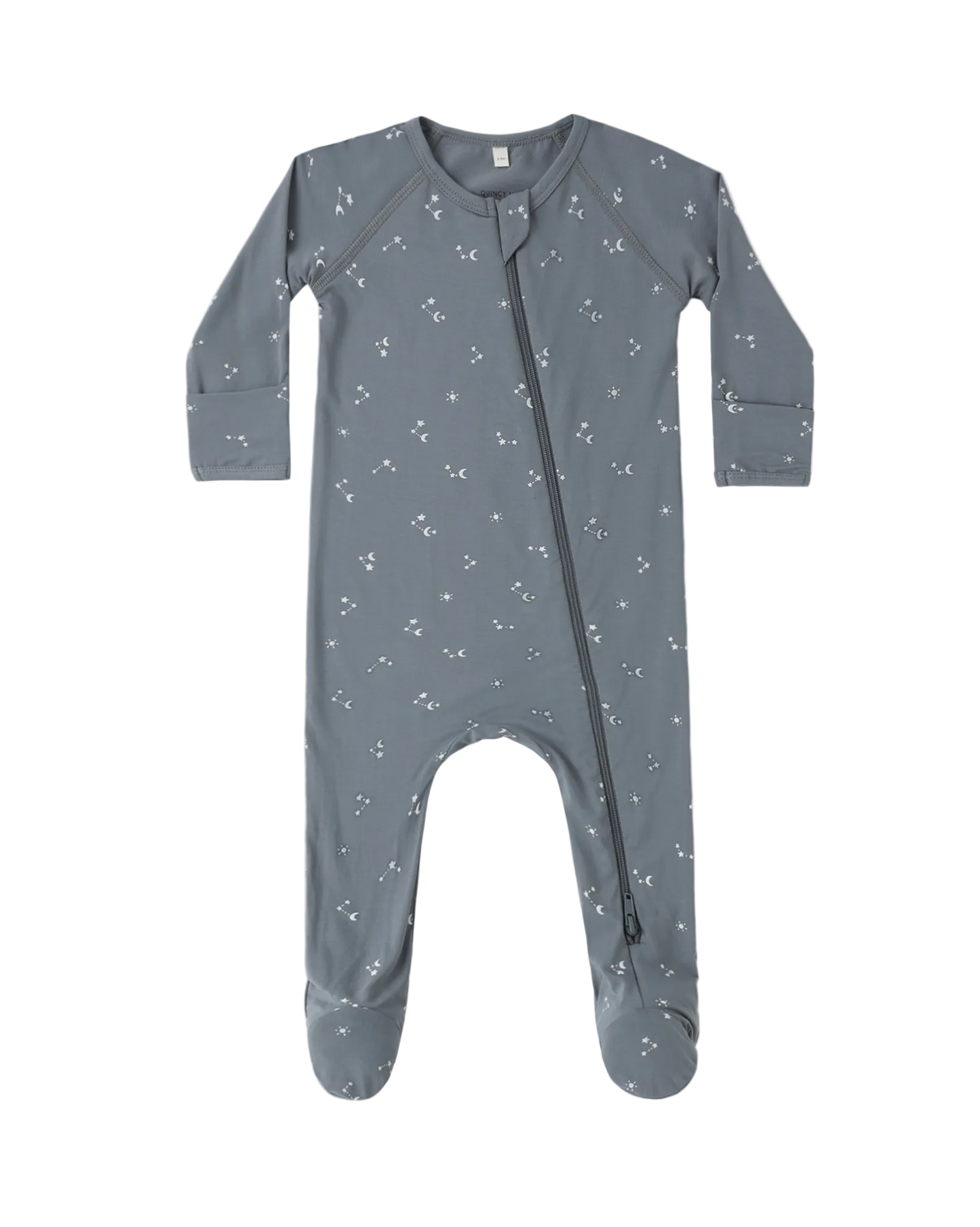 Gray baby onesie with subtle pattern on a white background