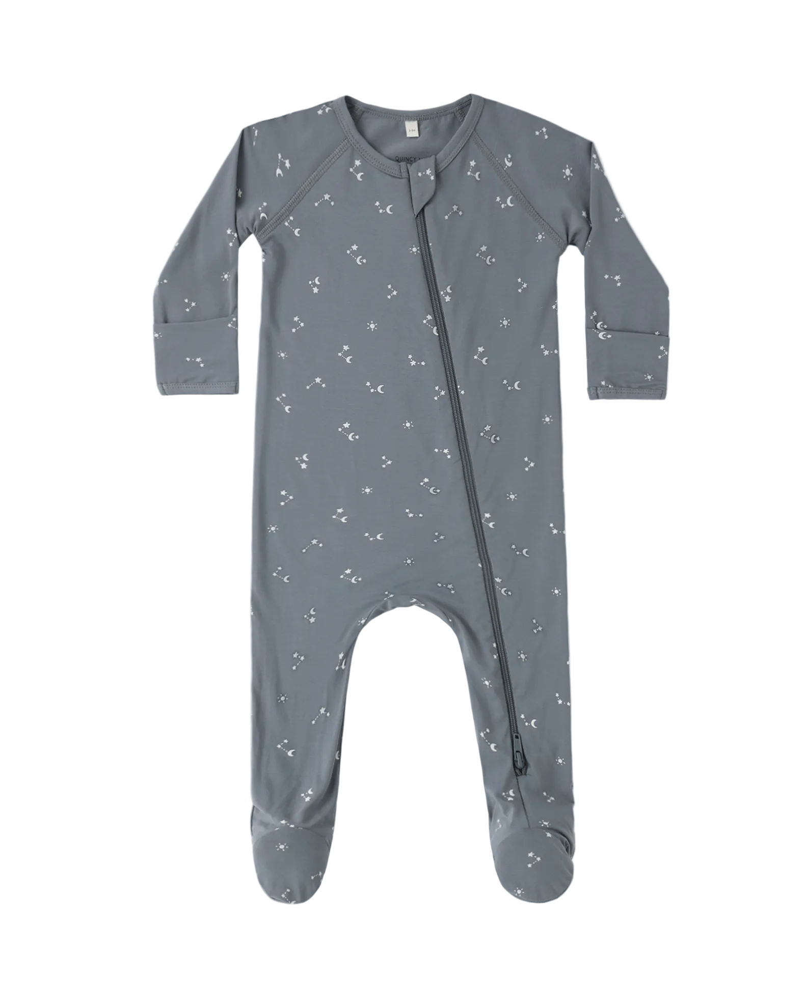 Gray baby onesie with subtle pattern on a white background