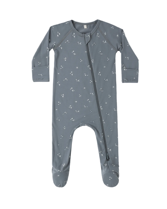 Gray baby onesie with subtle pattern on a white background