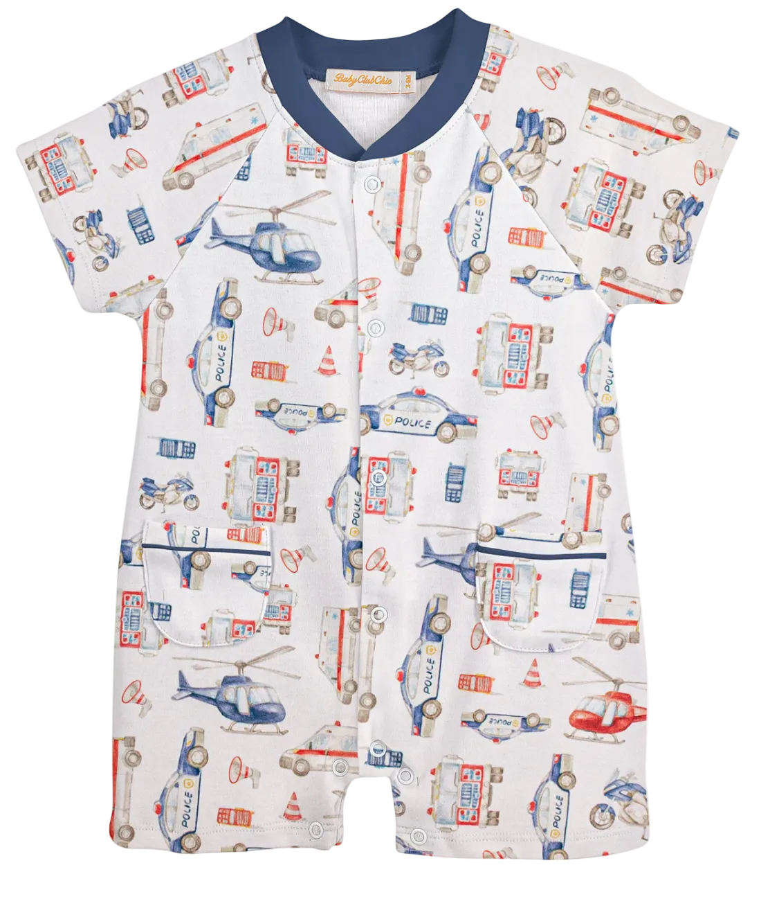 Baby romper with rescue vehicle pattern on a white background