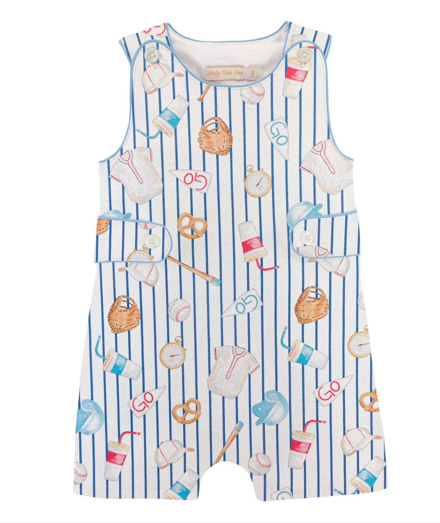 Children's sleeveless romper with striped pattern and colorful baseball themed graphics on a white background