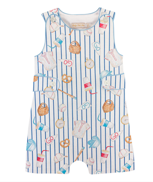 Children's sleeveless romper with striped pattern and colorful baseball themed graphics on a white background