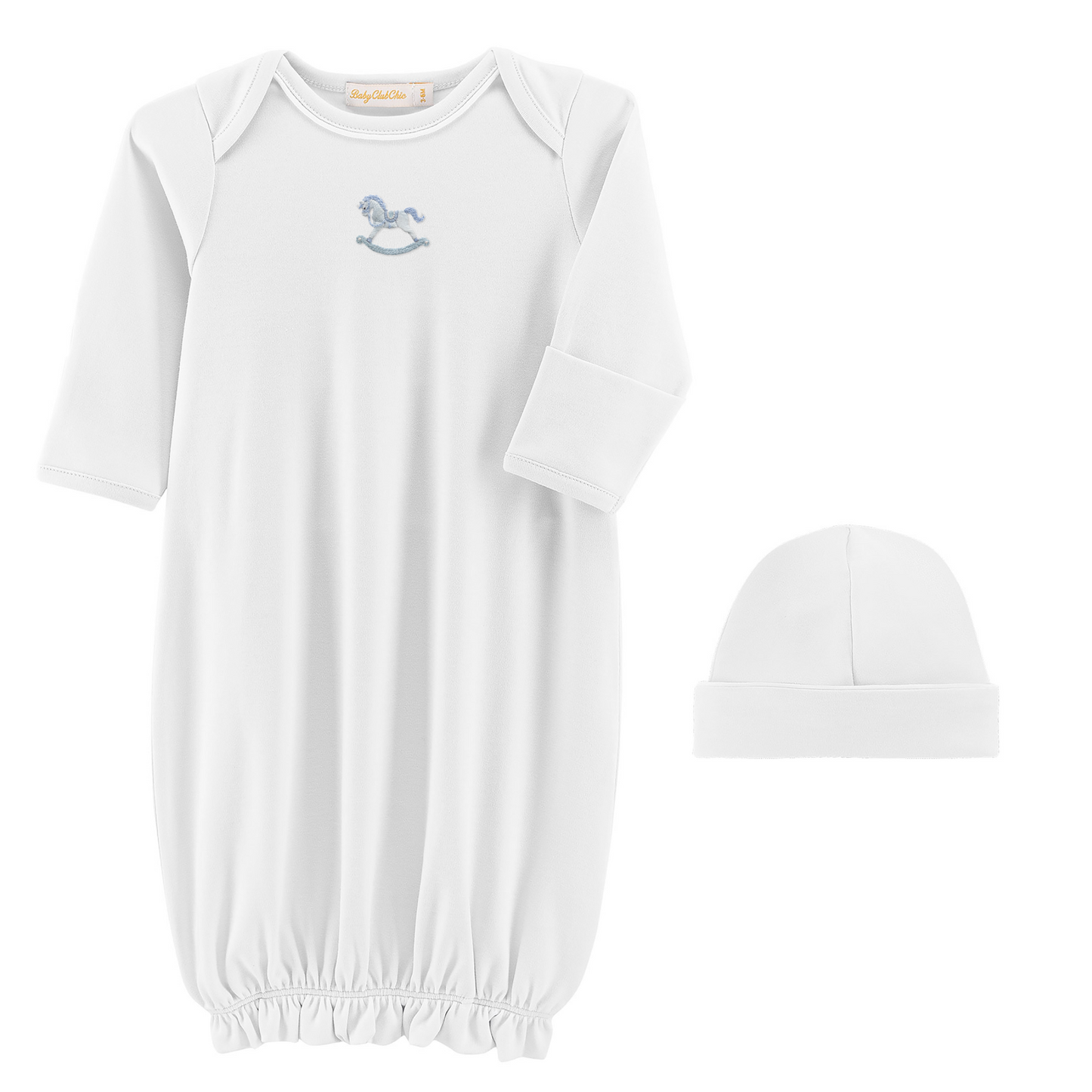 White baby gown with blue embroidery and matching hat on a white background