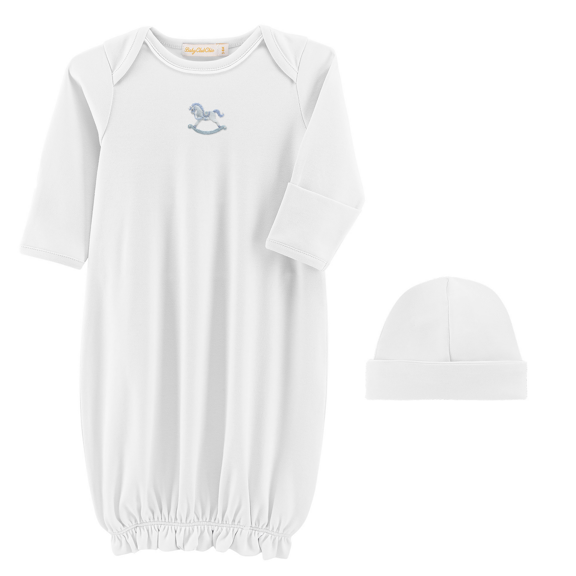 White baby gown with blue embroidery and matching hat on a white background