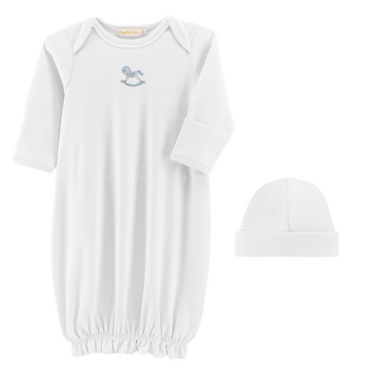White baby gown with blue embroidery and matching hat on a white background