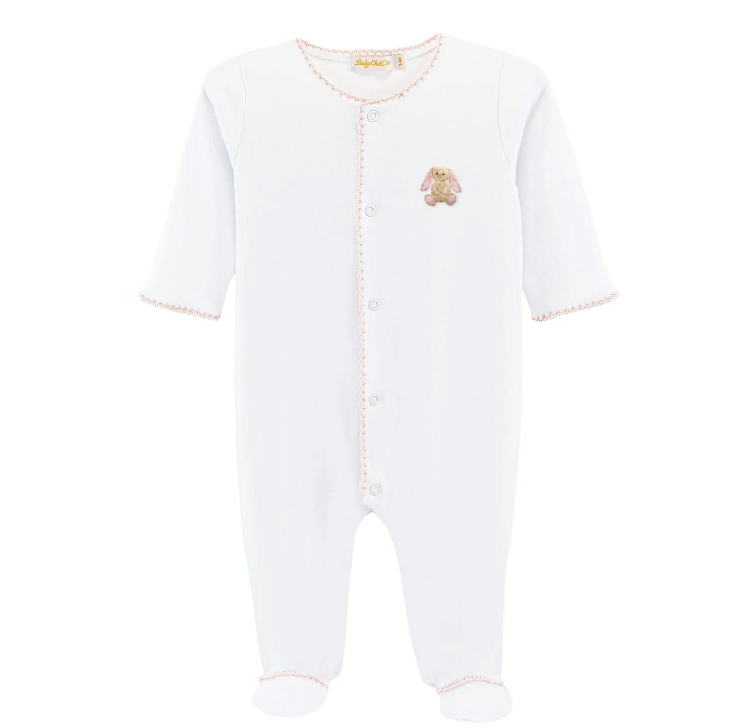 White baby onesie with a small embroidered design on a white background