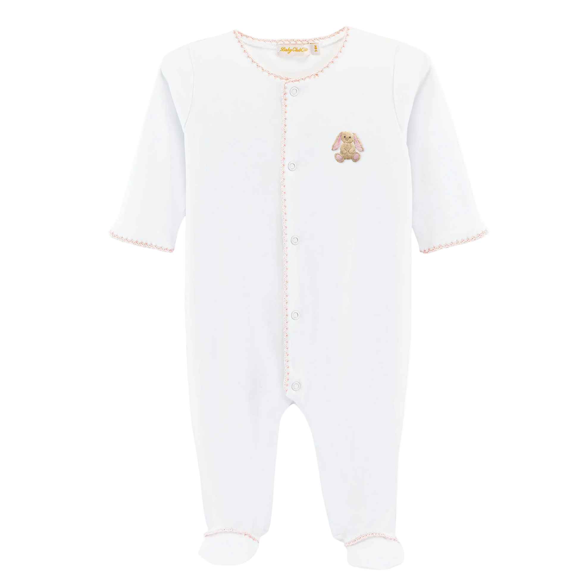 White baby onesie with a small embroidered design on a white background