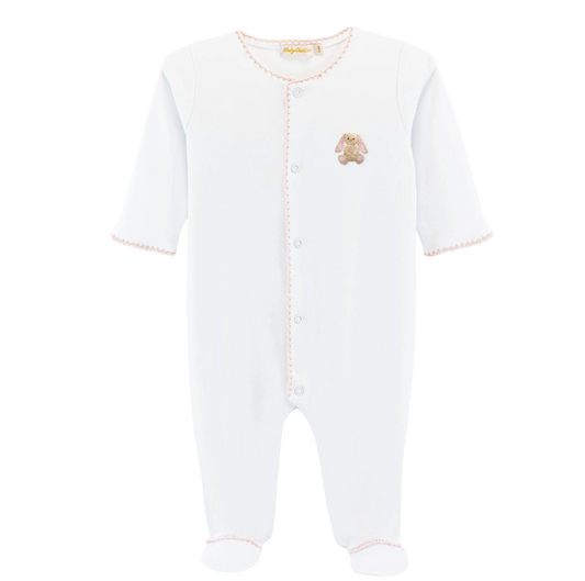 White baby onesie with a small embroidered design on a white background