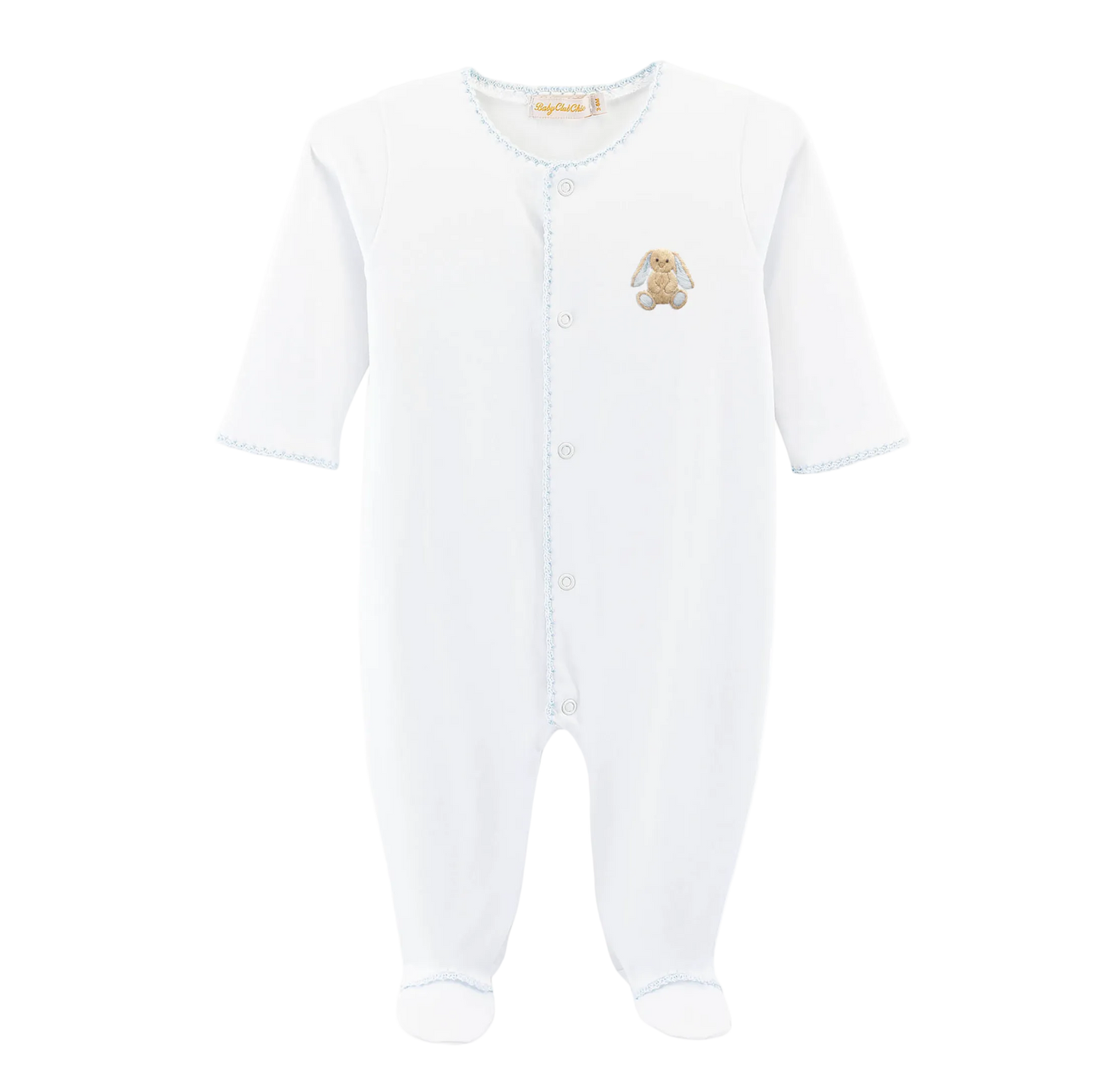 White baby onesie with a teddy bear emblem on a white background