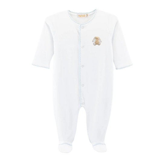 White baby onesie with a teddy bear emblem on a white background