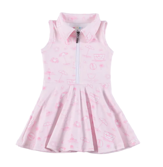 Pink dress with white zipper on a light gray background