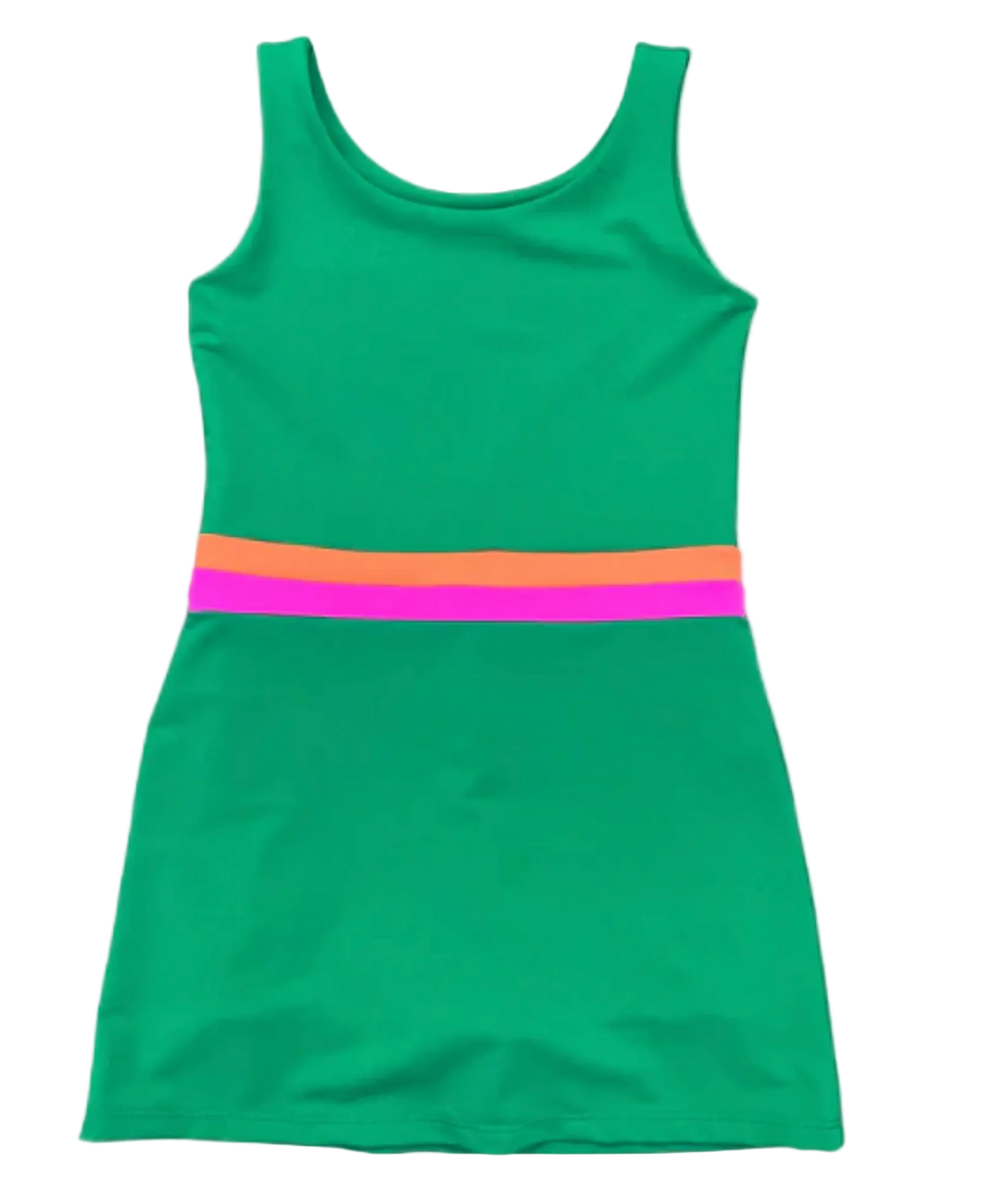 Green dress with colorful band on a white background