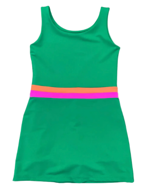 Green dress with colorful band on a white background