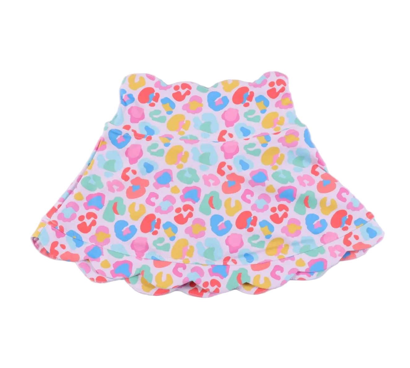 Rainbow color cheetah print skort with scallop hem and waist detail
