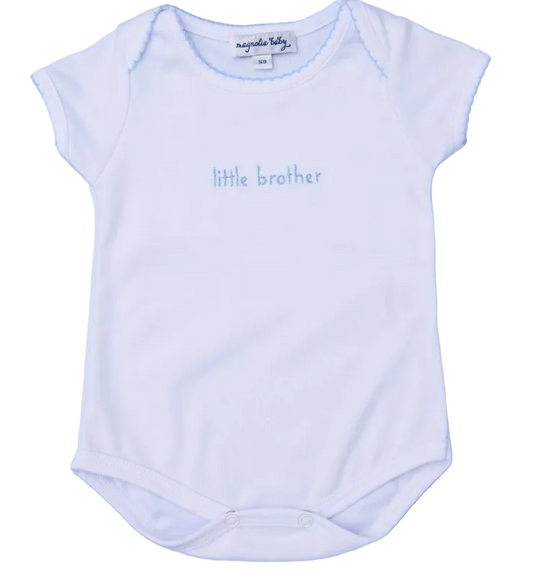 White baby onesie with 'little brother' text on a light blue background