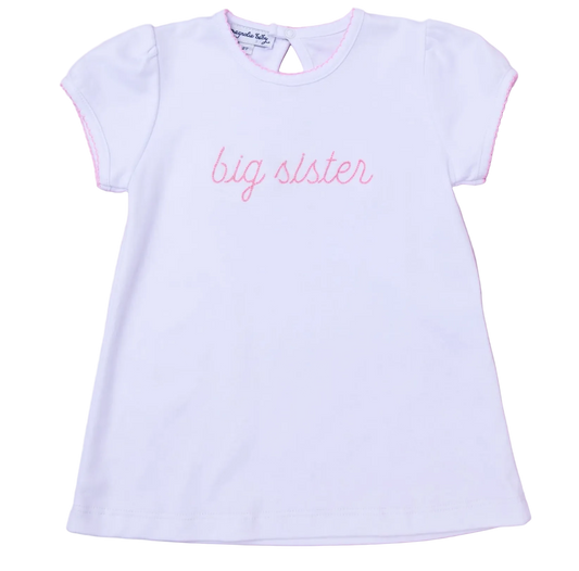White t-shirt with 'big sister' text on a pink background