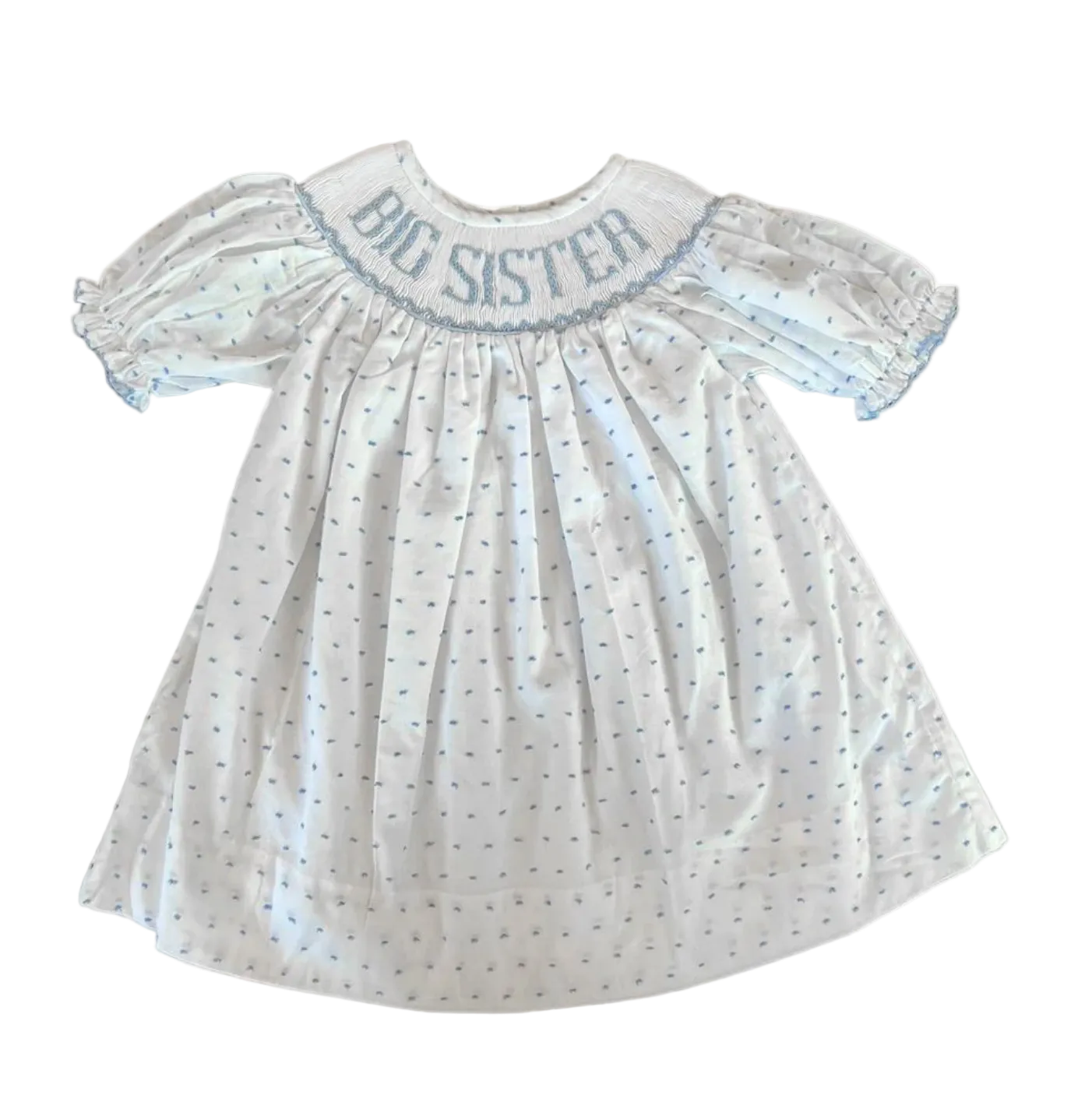 white background dress with blue dots and big sister embroidery on the collar 