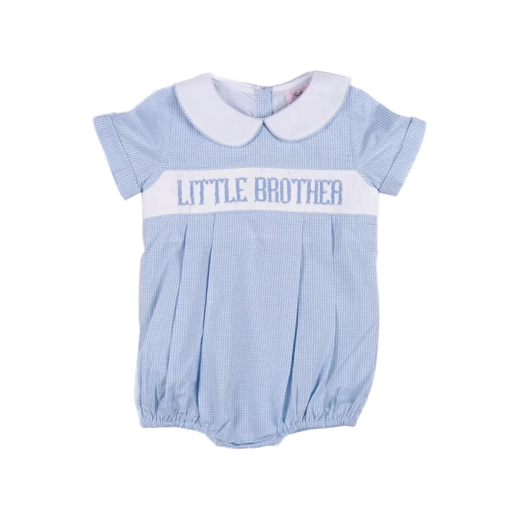 blue gingham bubble with little brother embroidered and peter pan collared 