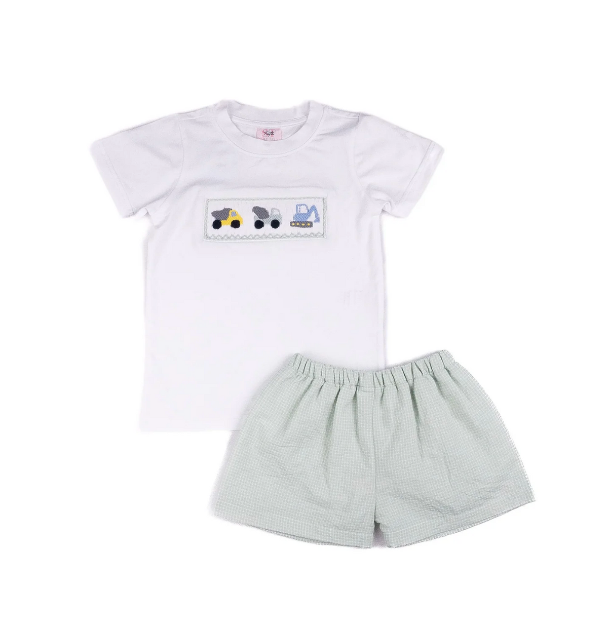 white tee with smocked patch with 3 construction vehicles with green plaid shorts