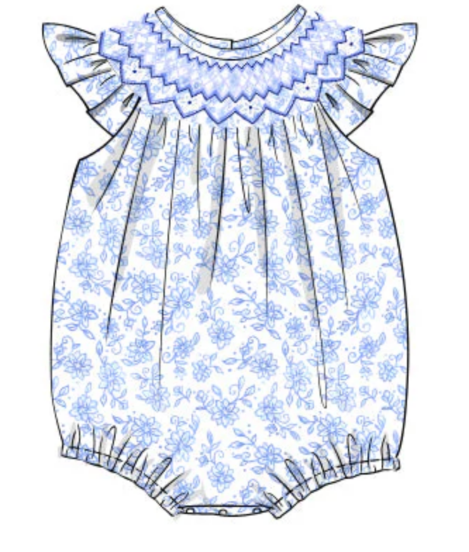 Blue Floral baby girl bubble with smocked blue collar