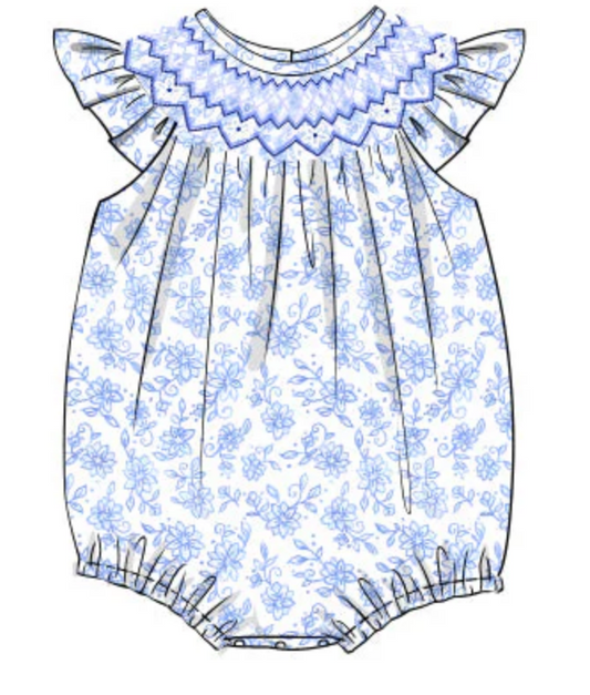 Blue Floral baby girl bubble with smocked blue collar