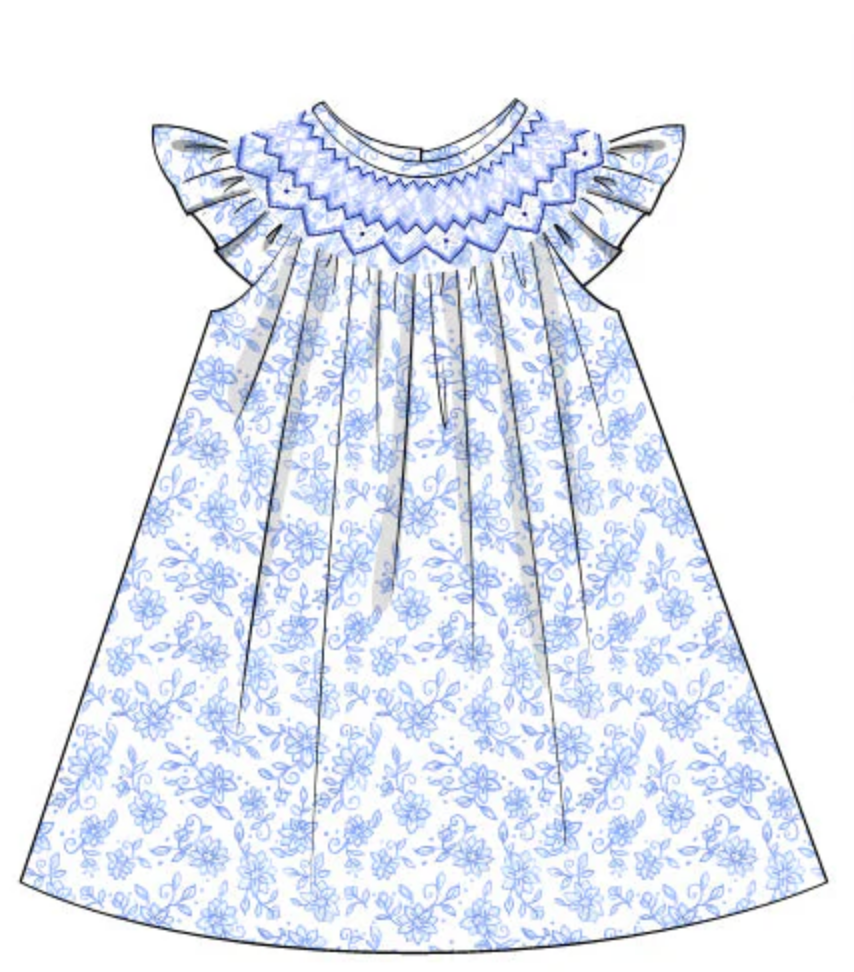 Blue Floral dress with smocked blue collar 