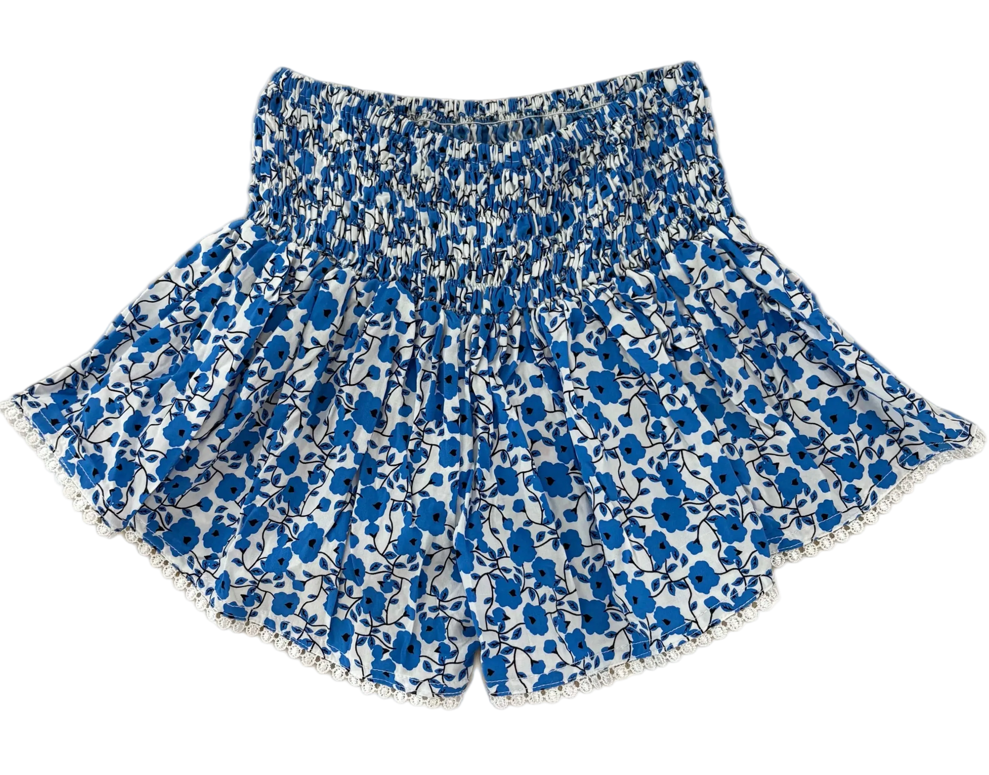Blue floral shorts on a white background