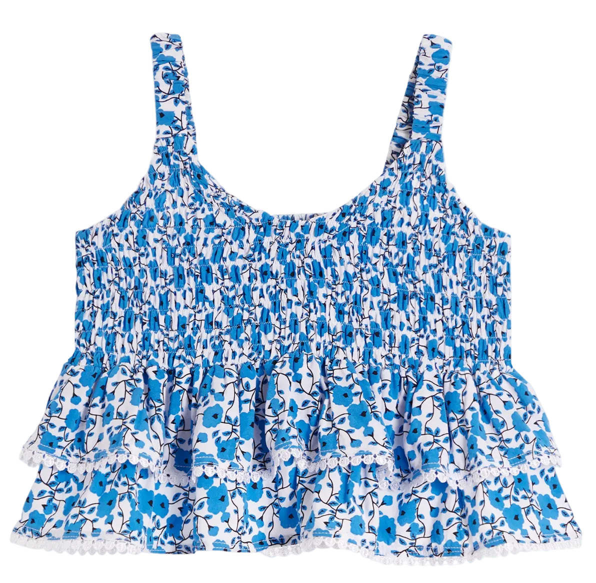 Blue and white floral patterned top on a white background