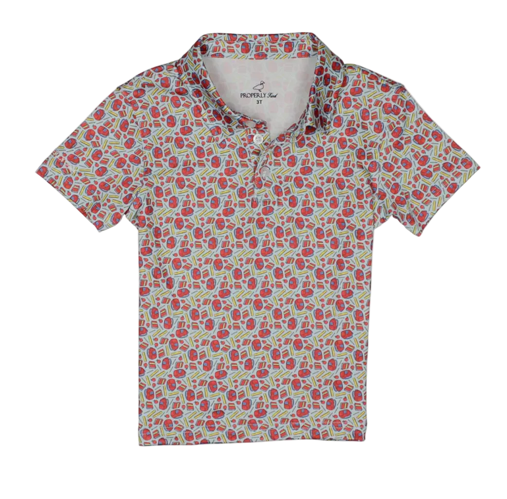 Short-sleeve polo shirt with red floral pattern on a white background