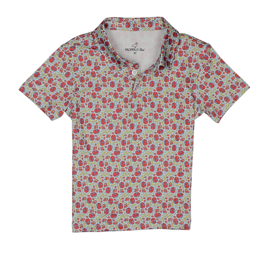 Short-sleeve polo shirt with red floral pattern on a white background