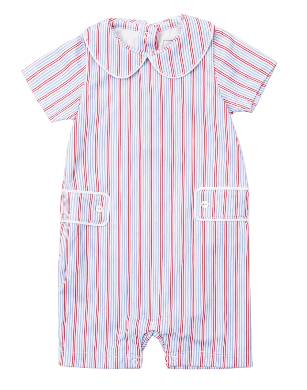 Striped baby romper with a collar on a white background
