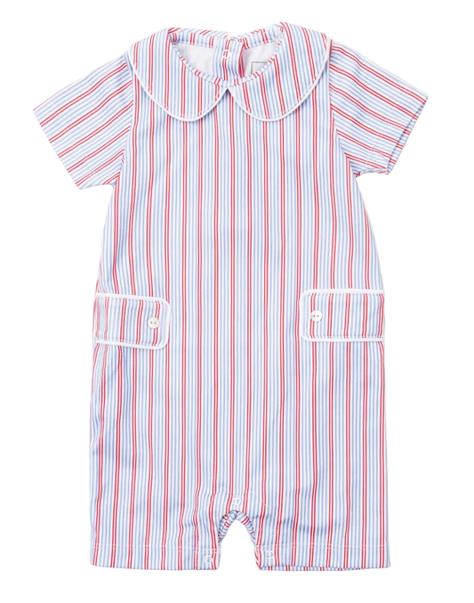 Striped baby romper with a collar on a white background