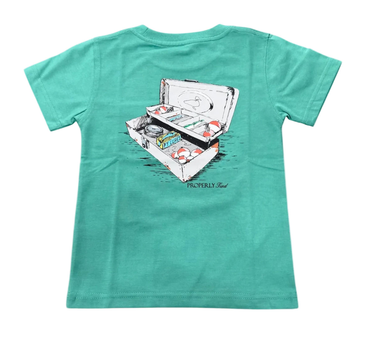 Teal t-shirt with a graphic of an open Tackle Box on the back, on a white background