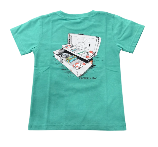 Teal t-shirt with a graphic of an open Tackle Box on the back, on a white background