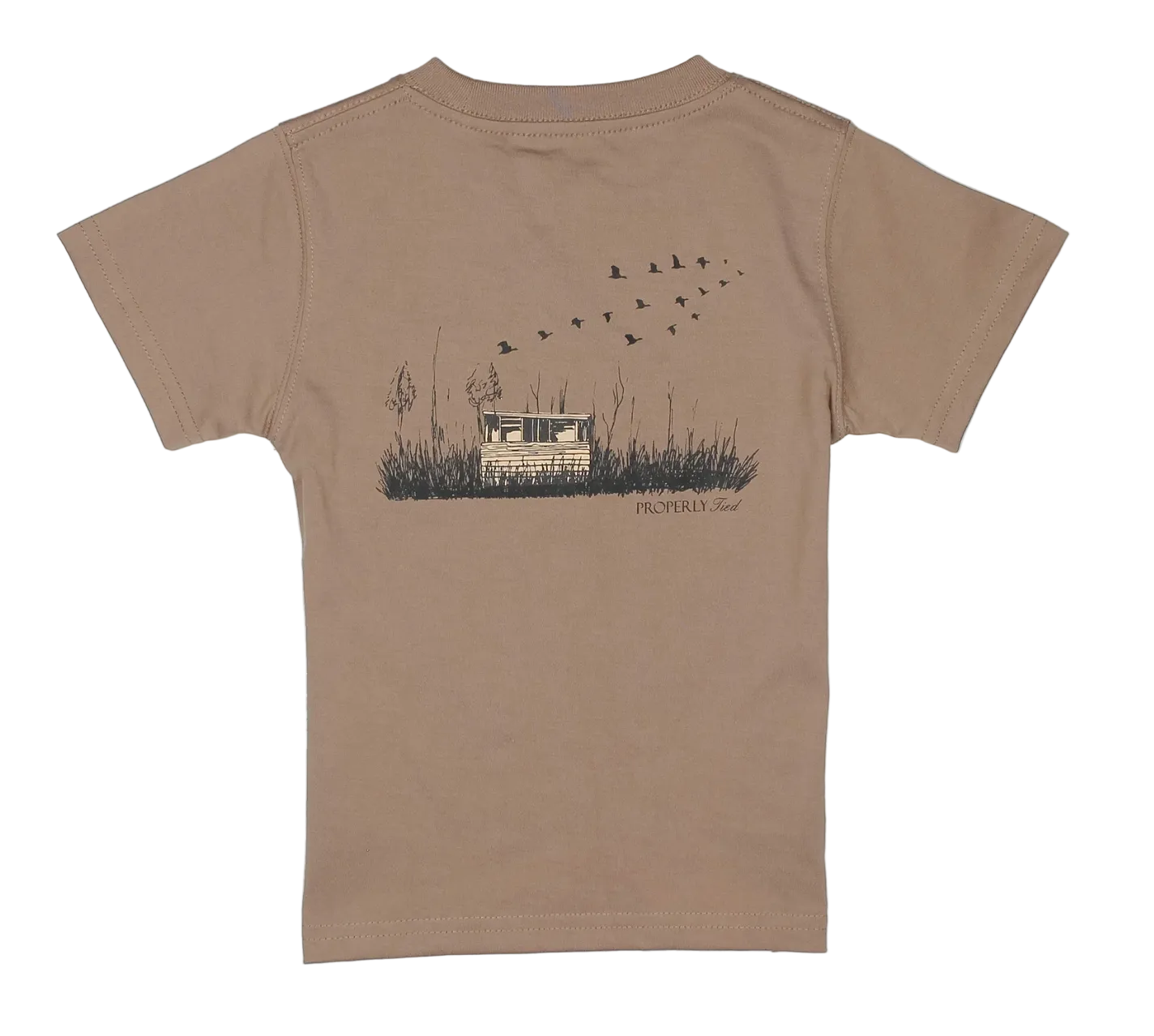 Brown t-shirt with a graphic of a duck blind and mallard ducks on the back, on a white background