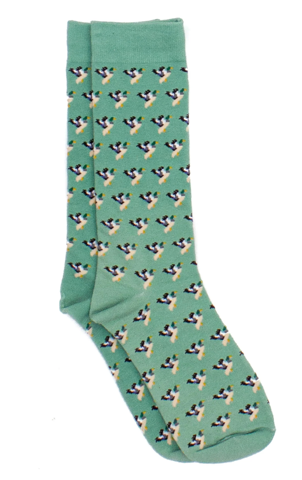 Green sock with mallard duck pattern on a white background