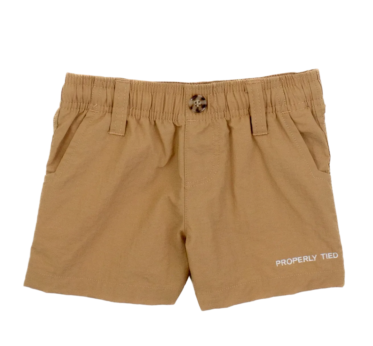 Tan shorts with 'Properly Tied' text on a white background