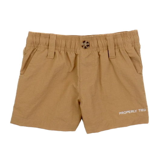 Tan shorts with 'Properly Tied' text on a white background