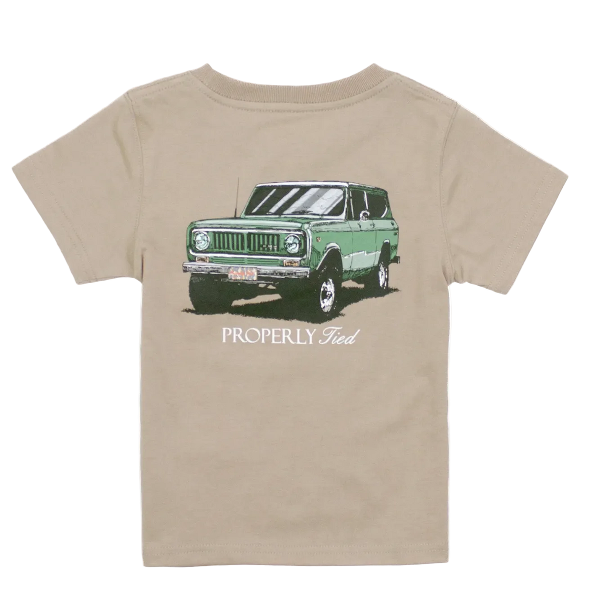 Beige t-shirt with a graphic of a green SUV and 'Properly Tied' text on a white background