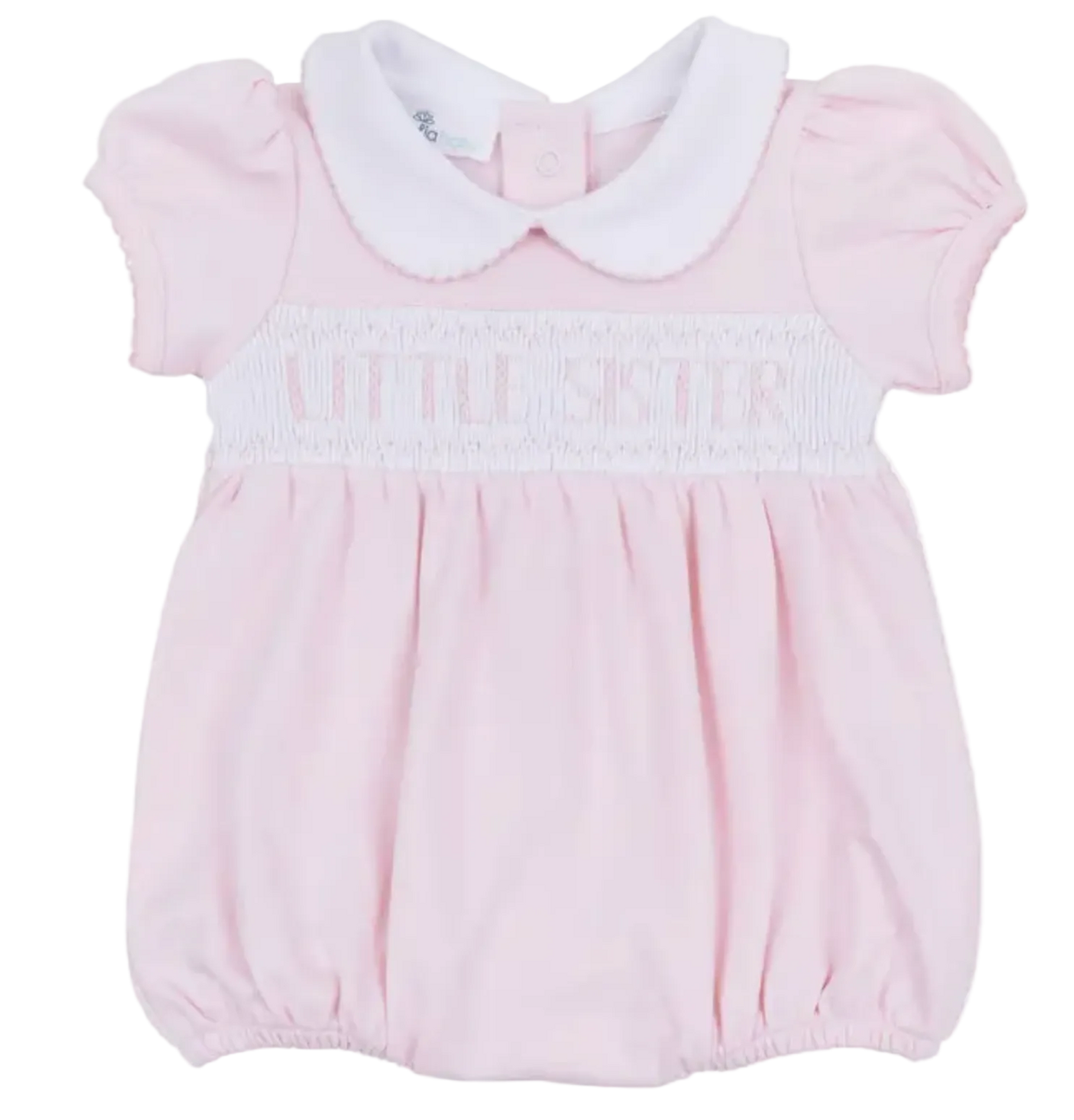 Pink little sister baby bubble with white collar on a white background