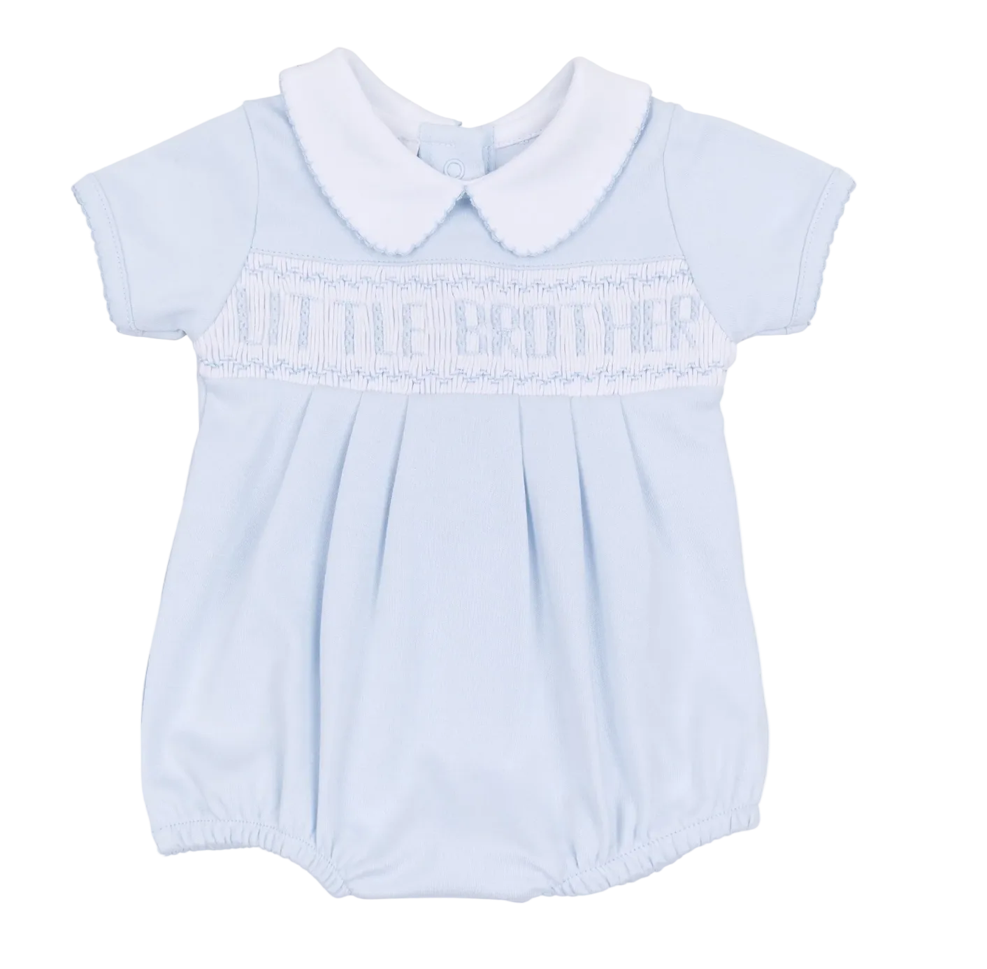 Light blue baby romper with 'Little Brother' embroidery on a white background