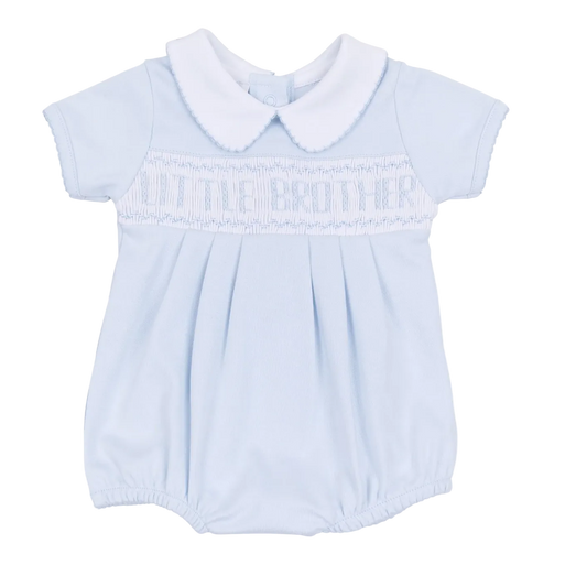 Light blue baby romper with 'Little Brother' embroidery on a white background
