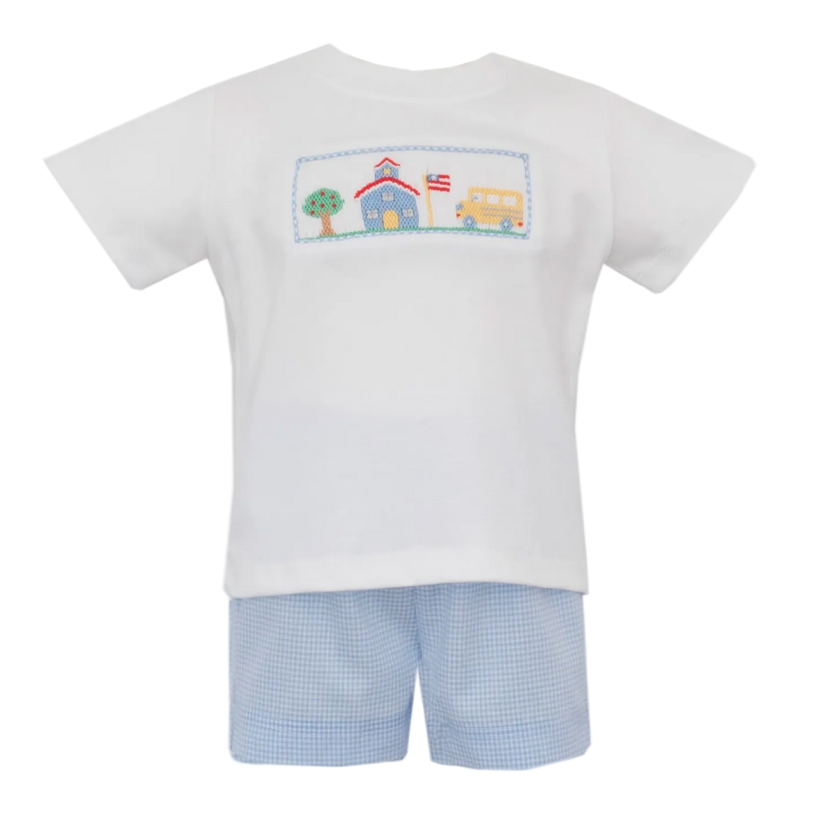 White t-shirt with a colorful hand smocking graphic and light blue gingham shorts on a white background