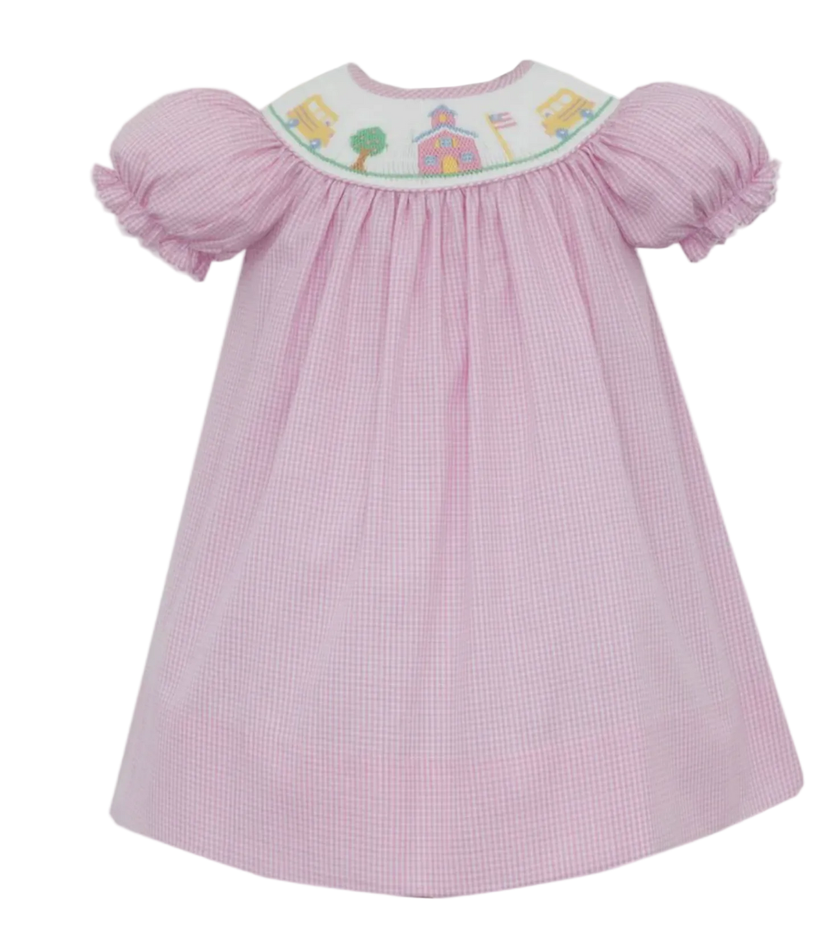 Pink Gingham dress with embroidered top that features back to school details on a white background