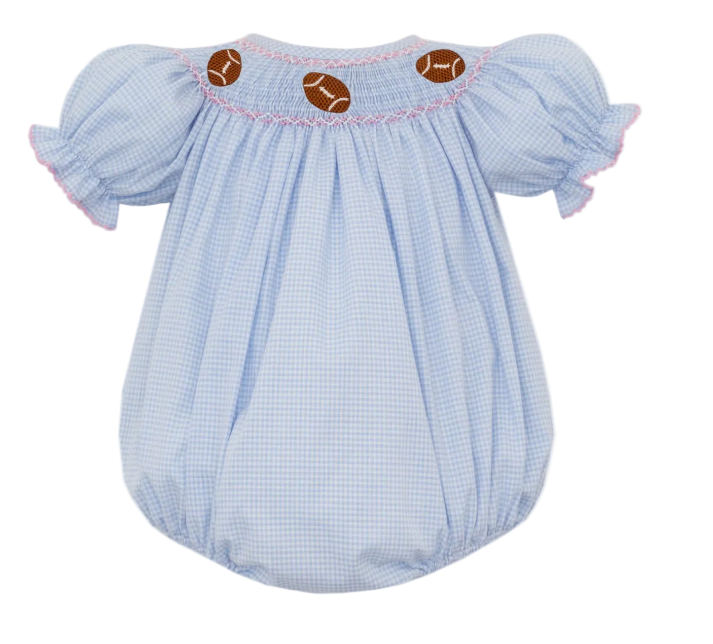 Light blue gingham baby romper with ruffled sleeves on a white background