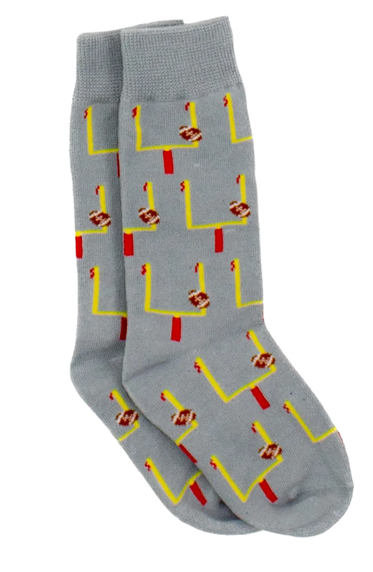 Gray socks with football field design on a white background